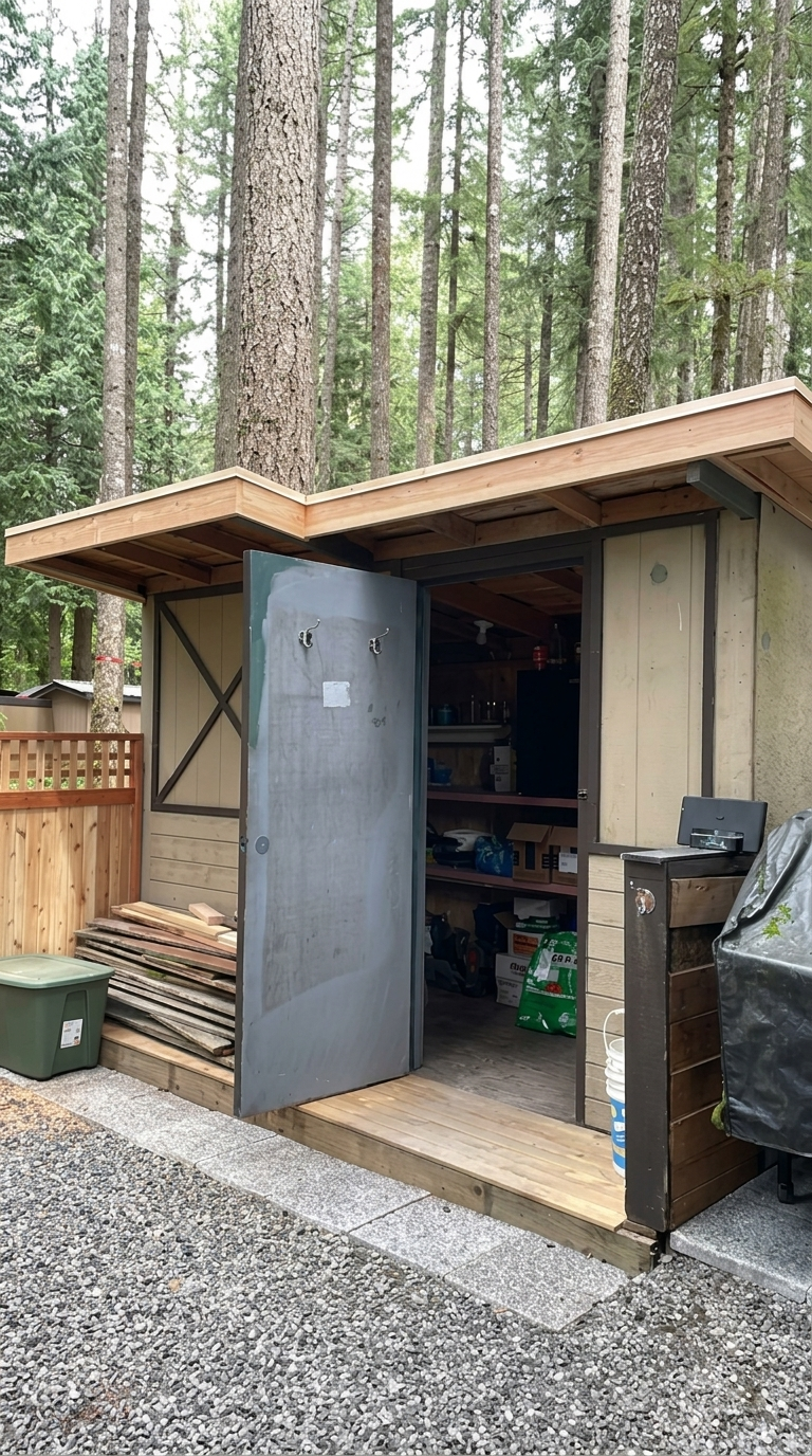 image of a shed with a recent new roof in a heavily treed area