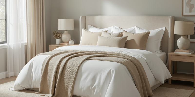 Cooling bedding setup with lightweight white comforter and breathable sheets in a bright neutral bedroom