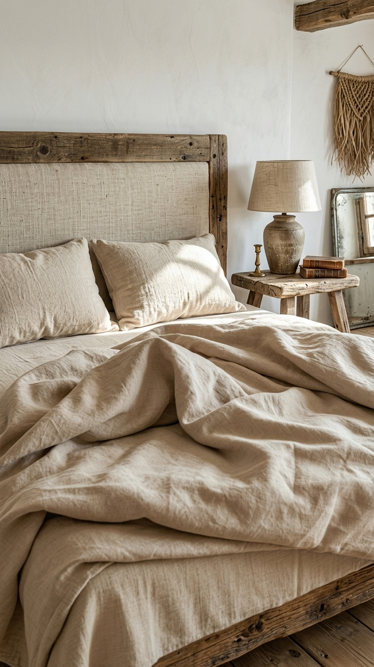 A softly lit bedroom scene with a neatly made bed using white bedding, slightly rumpled comforter and loosely fitted sheets,