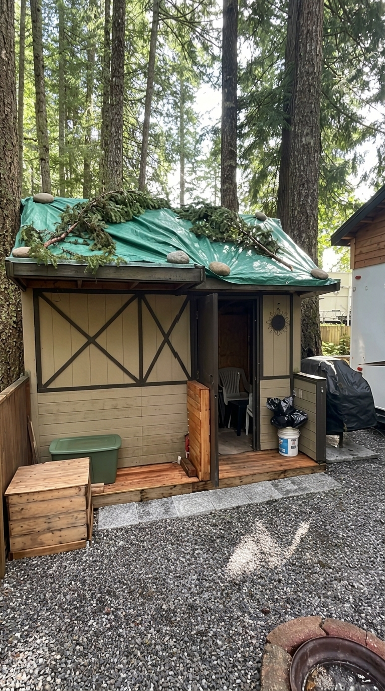 image of a older shed in need of some updates in a heavily treed setting