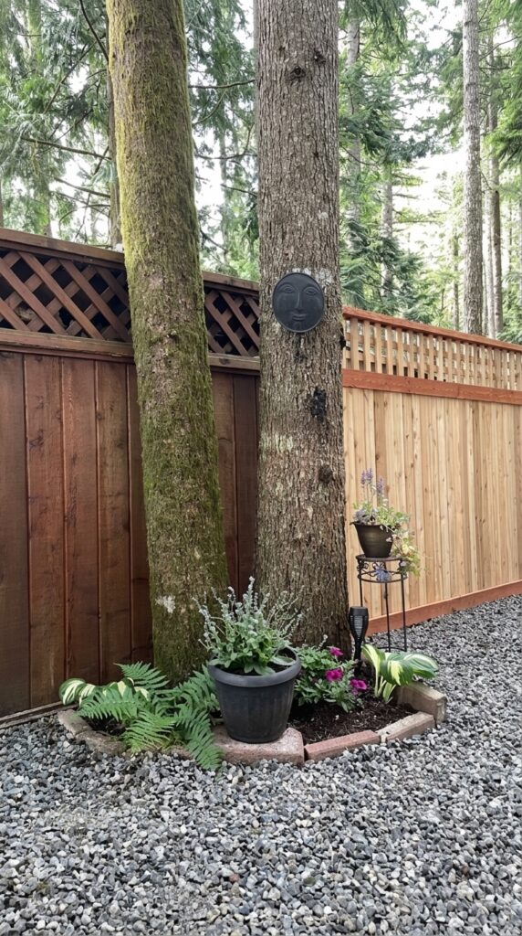 Rustic ranch fence and tree garden area with gravel, planters, ferns, and outdoor privacy fence