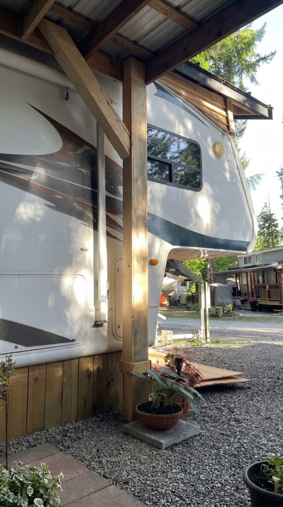 Fifth wheel trailer patio area before painting with unfinished wood post, gravel, planter, and ranch lot in the background