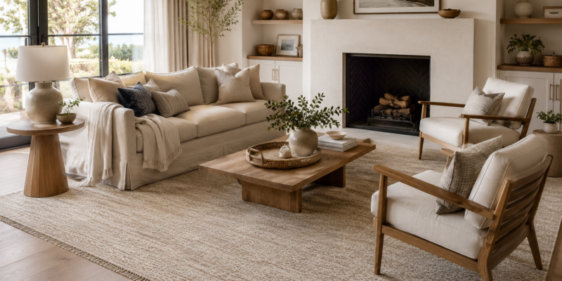 Large neutral area rug correctly placed beneath a beige sofa and two accent chairs in a warm, coastal-inspired living room.