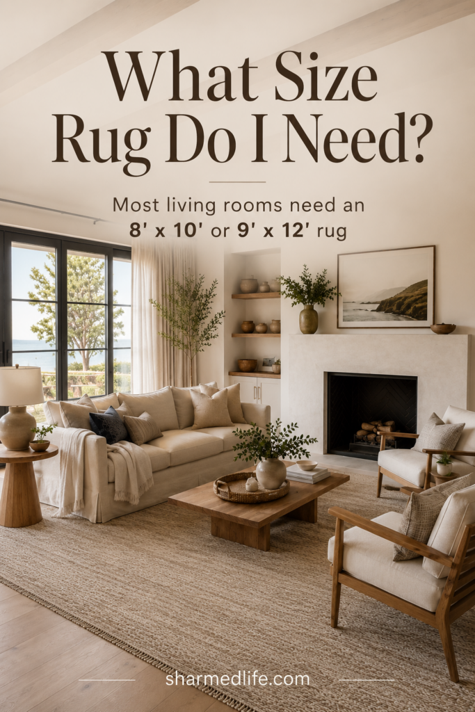 Warm neutral living room with a large area rug placed under a beige sofa and accent chairs, with text explaining common living room rug sizes.