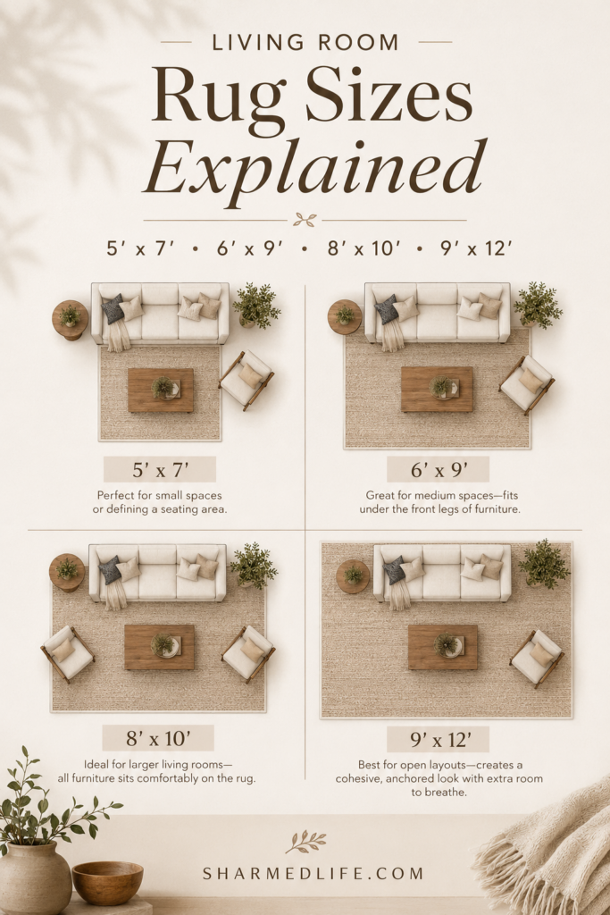 Neutral infographic comparing 5' × 7', 6' × 9', 8' × 10' and 9' × 12' living room rugs with top-down furniture layouts.