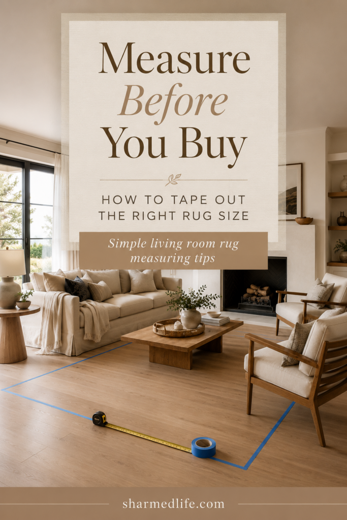 Neutral living room with painter’s tape and a measuring tape marking the floor to show how to measure for the correct area rug size.