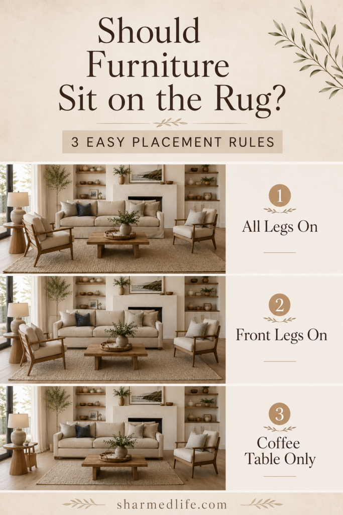 Three neutral living room examples showing all furniture legs on the rug, front legs on the rug and only the coffee table on the rug.