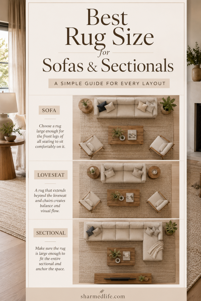 Top-down neutral room layouts showing rug placement for a standard sofa, loveseat and sectional sofa.