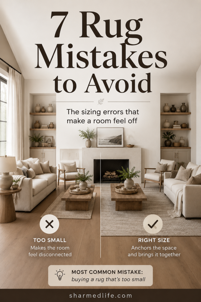 Side-by-side neutral living room comparison showing a rug that is too small versus a properly sized rug that anchors the seating area.
