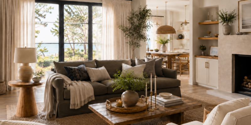 Warm coastal-modern living room with high-hung cream curtains, a charcoal sofa, cream accent chairs, wood coffee table, brass candlesticks and layered neutral décor.