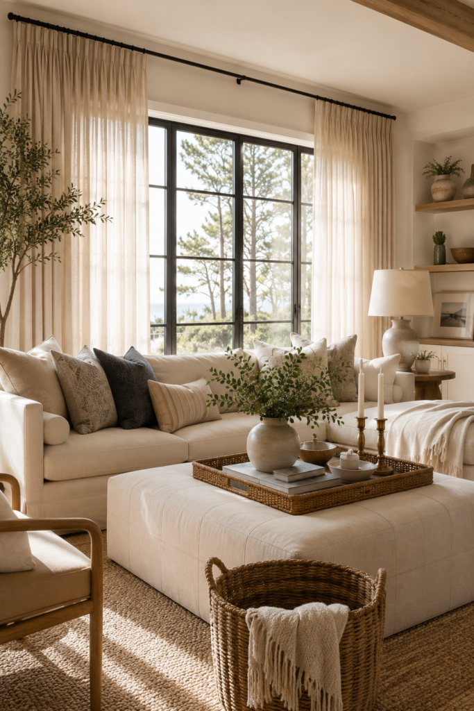 Cozy neutral living room with cream curtains, charcoal sofa, cream accent chairs, wood coffee table, brass candlesticks and layered pillows.