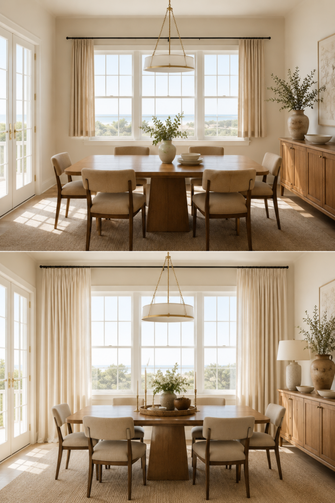 Before-and-after dining room comparison showing shorter curtains versus fuller floor-length curtains hung high and wide around a large window.