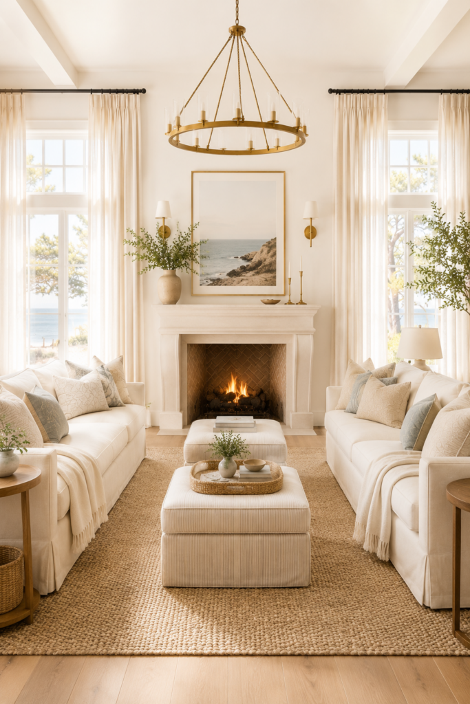 Bright coastal living room with two cream sofas facing each other, upholstered ottomans, tall cream curtains, brass chandelier and fireplace.