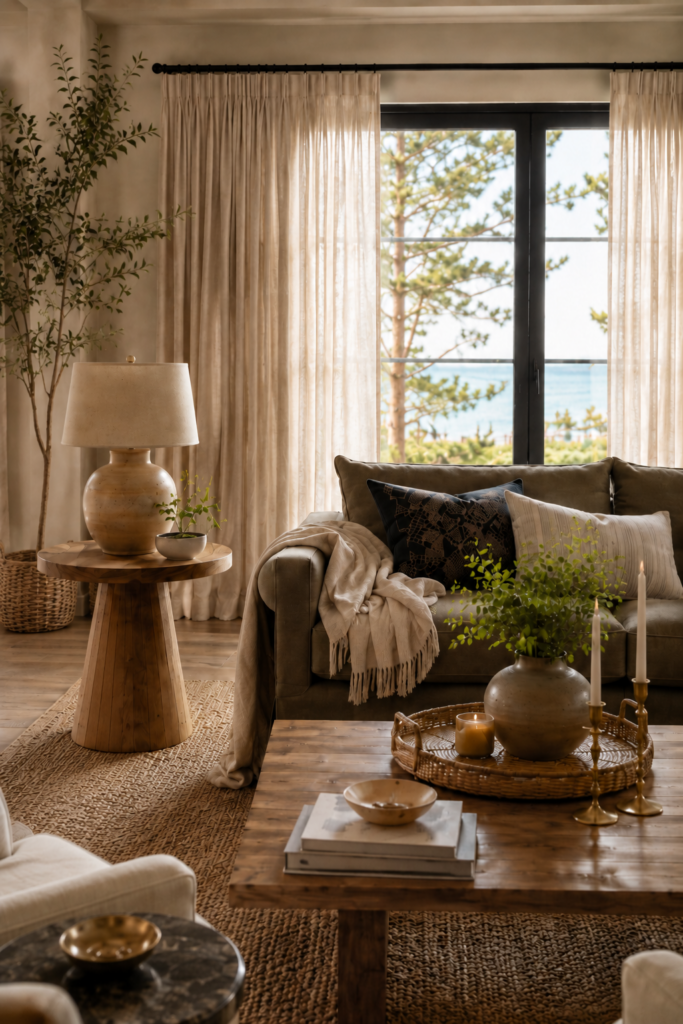 Warm neutral living room with high-hung cream curtains, charcoal sofa, wood coffee table, woven tray, brass candlesticks and layered cozy décor.