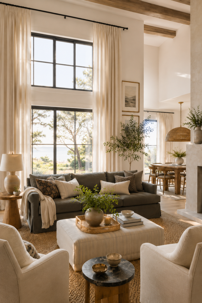 Two-story coastal living room with tall cream curtains hung high above black-framed windows, neutral seating and warm wood accents.