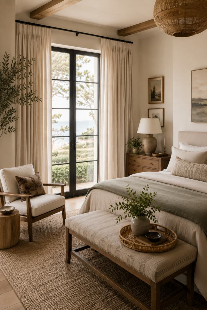 Neutral bedroom with long cream curtains beside black-framed doors, upholstered bench, wood nightstand and layered coastal-style bedding.