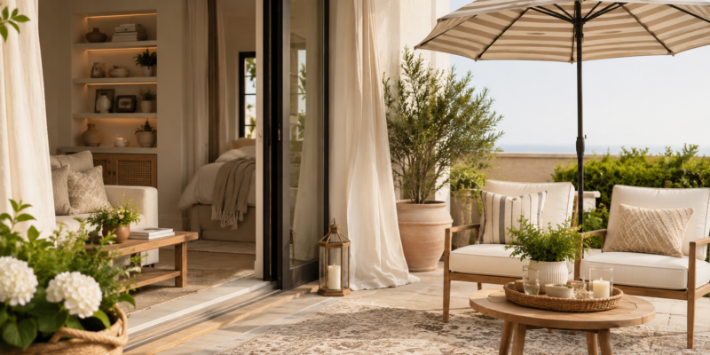 Neutral Amazon Prime Day home decor finds styled on a cozy summer patio with outdoor rug, linen curtains, pillows, greenery, and woven accents.