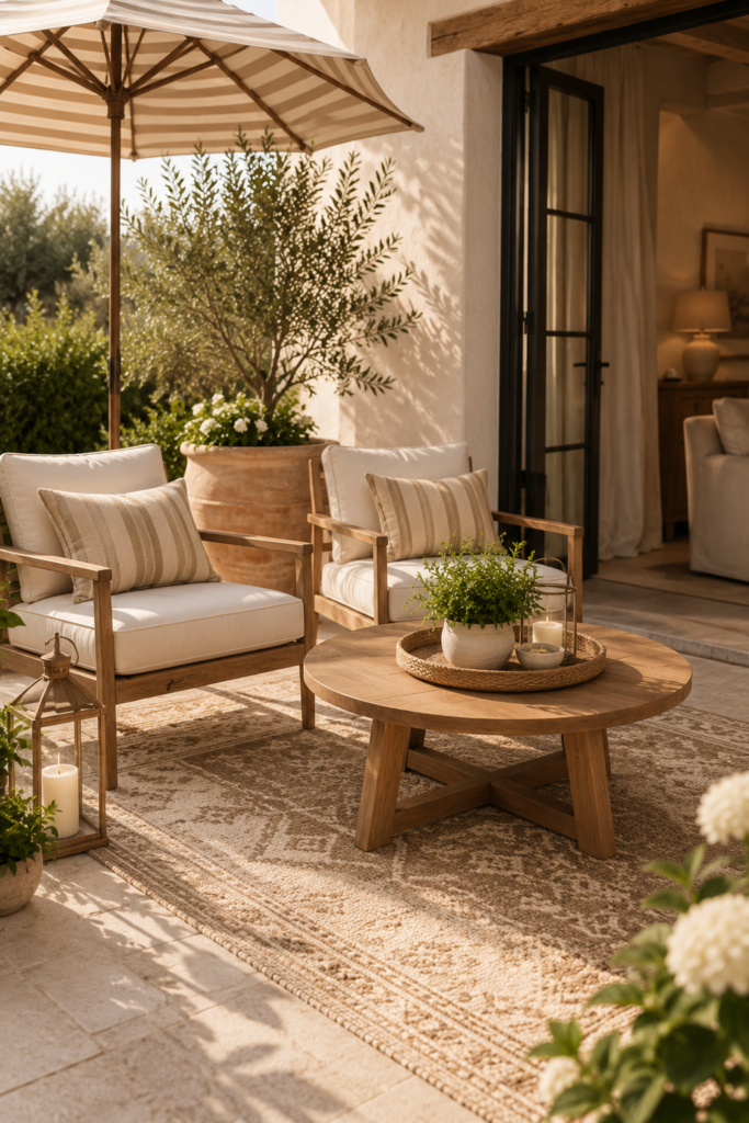outdoor patio with the striped umbrella, two chairs, outdoor rug, wood coffee table, lantern, greenery, and open doorway.