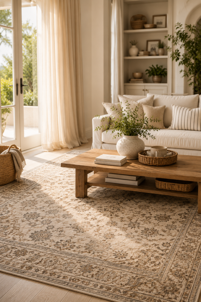 indoor living room with the large neutral vintage-style rug, sofa, wood coffee table, woven basket, and soft curtains.