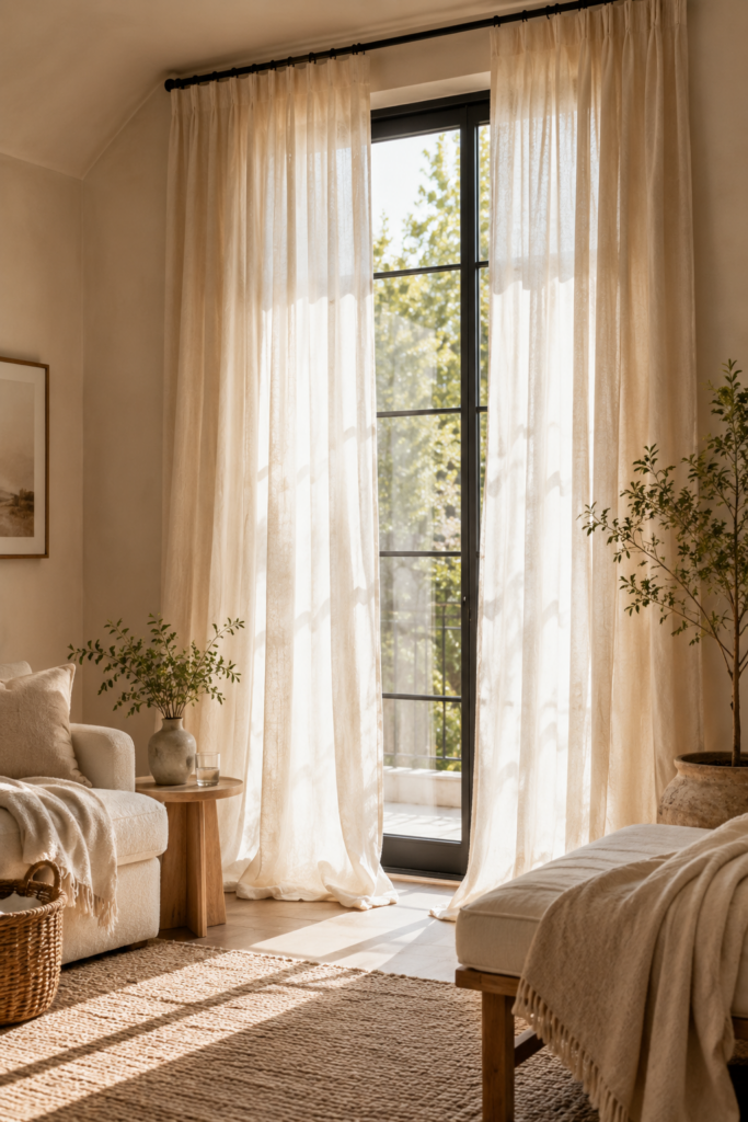 tall black-framed window/door with sheer linen-look curtains, soft sunlight, chair, side table, basket, and neutral bedding/bench.
