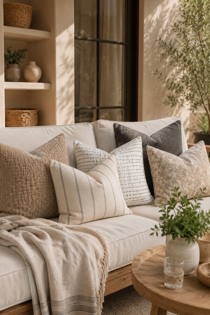 close-up sofa image with layered neutral pillows, stripes, textured pillows, darker accent pillow, throw blanket, and wood table.