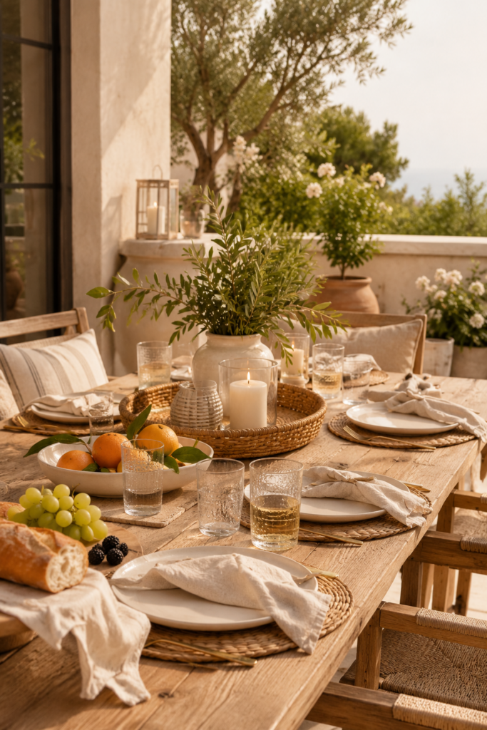 outdoor dining table with woven placemats, white plates, linen napkins, fruit, bread, candles, greenery, and glasses.