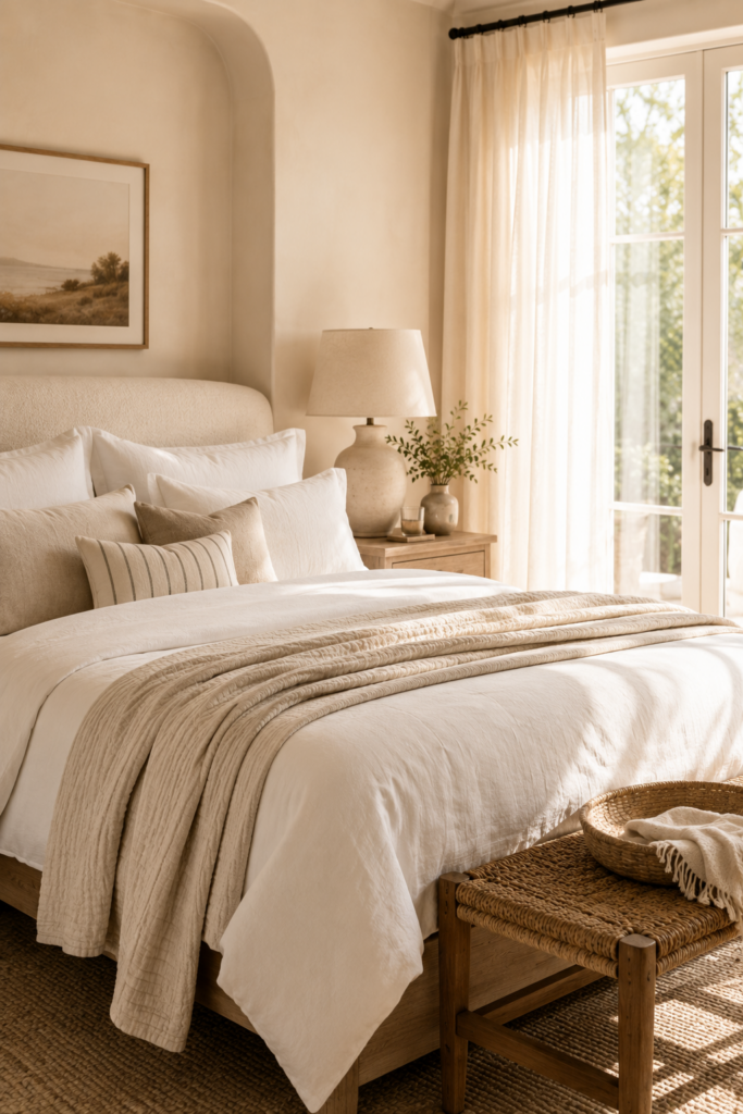 bedroom with the large window, soft sheer curtains, sisal rug, bedside table, woven rattan and wood bench, woven basket, and cozy neutral bedding