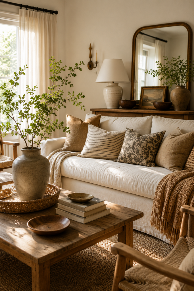 Stylish neutral living room with budget-friendly home decor, textured pillows, wood furniture, woven accents, ceramic vases, and warm natural light.
