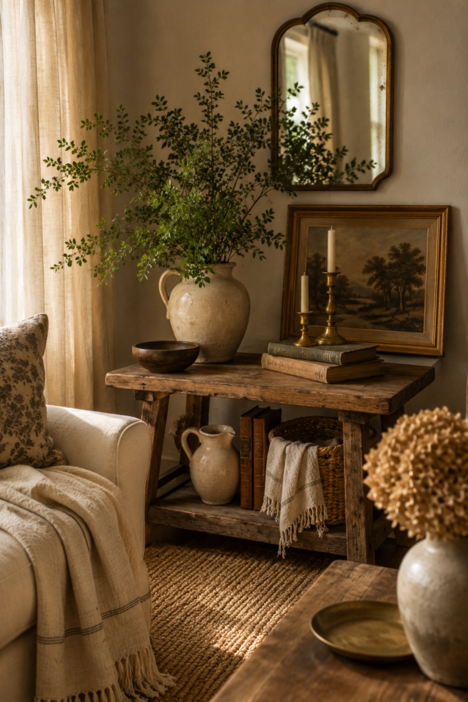 Beautifully styled corner side table in a living room with carefully mixed newer and antique accent pieces