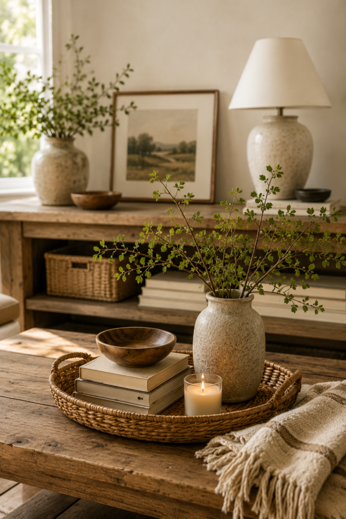 Neutral dining room with thrifted pillows, woven textures, wood coffee table, ceramic vase, greenery, and warm natural light.