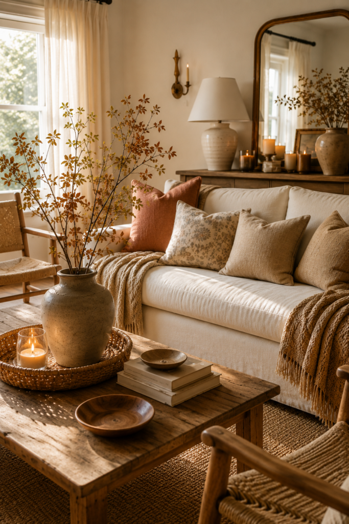 Stylish neutral living room with budget-friendly home decor, textured pillows, wood furniture, woven accents, ceramic vases, candles and warm natural light.