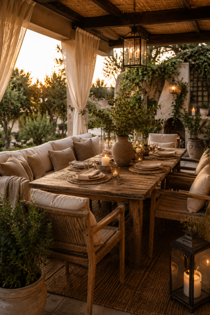Beautifully styled outdoor patio setting, large rustic wood burning fireplace, wood dining, comfortable seating, lush greenery and beautiful accents and lighting