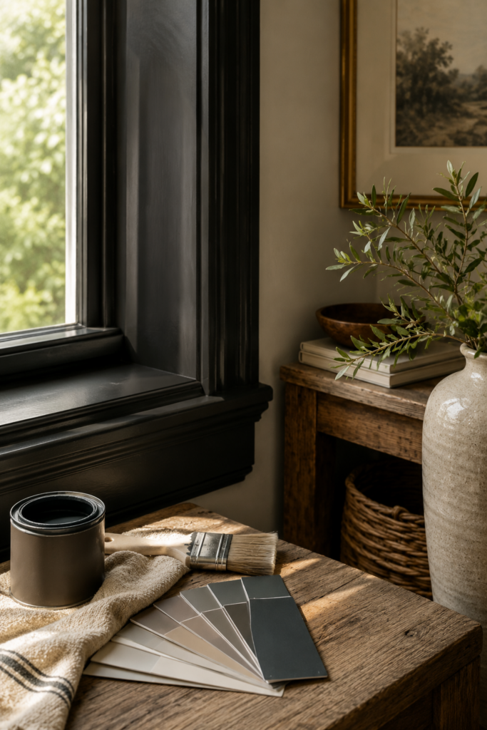 Stylish image of a selection of paint chips on an antique style wood table and neutral textured accents with soft lighting through the window