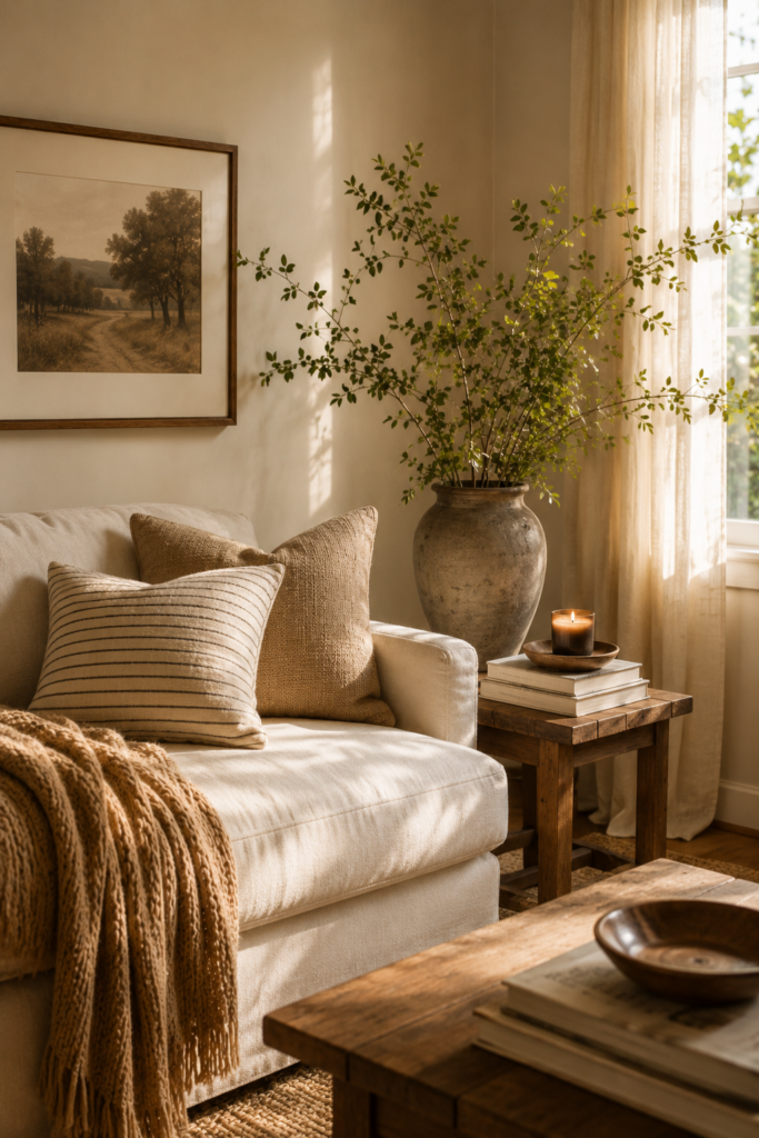 Neutral living room with layered pillows, woven textures, wood coffee table, ceramic vase, greenery, and warm natural light.