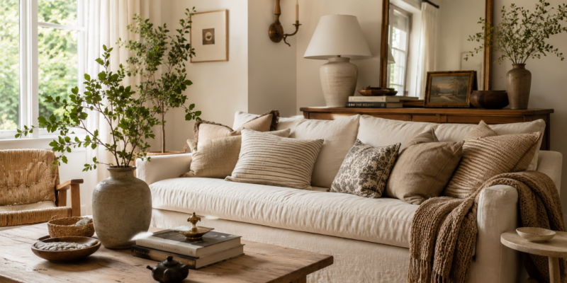Stylish neutral living room with budget-friendly home decor, textured pillows, wood furniture, woven accents, ceramic vases, and warm natural light.