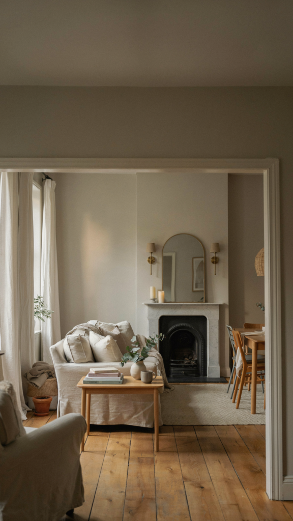 A warm, elegant dining room in an inviting family home during the golden hour just before dinner. The room feels authentic, lived in, and full of quiet memories 