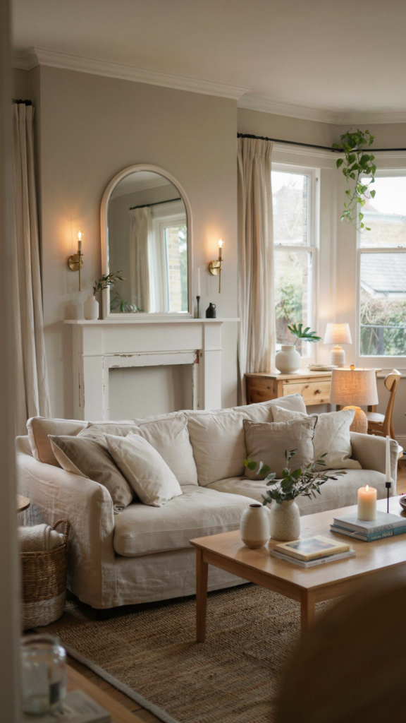A warm, inviting living room that feels thoughtfully collected over many years rather than perfectly decorated all at once. Soft greige walls, abundant natural light, and an organic modern style create a timeless atmosphere.