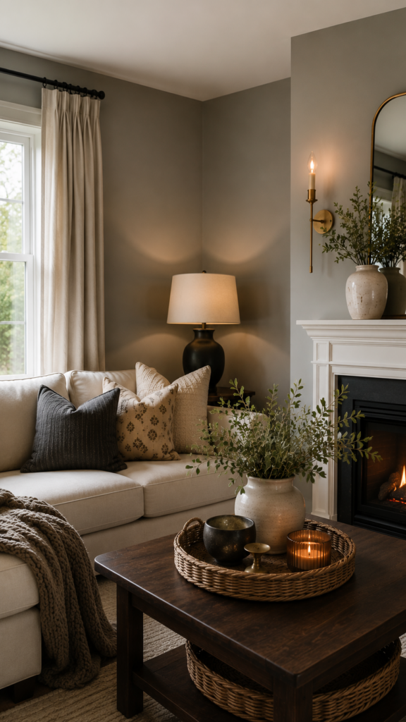 Modern living room with soft grey walls, warm neutral decor, and brass sconces reflecting the confidence of choosing timeless grey paint.