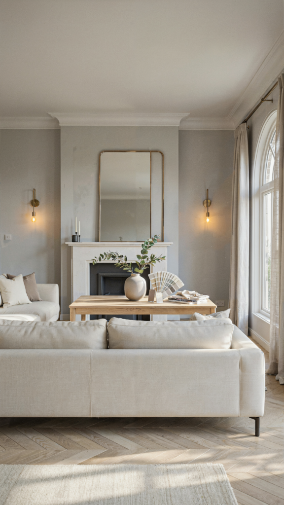 Bright, realistic magazine-quality living room with Soft grey walls with warm undertones