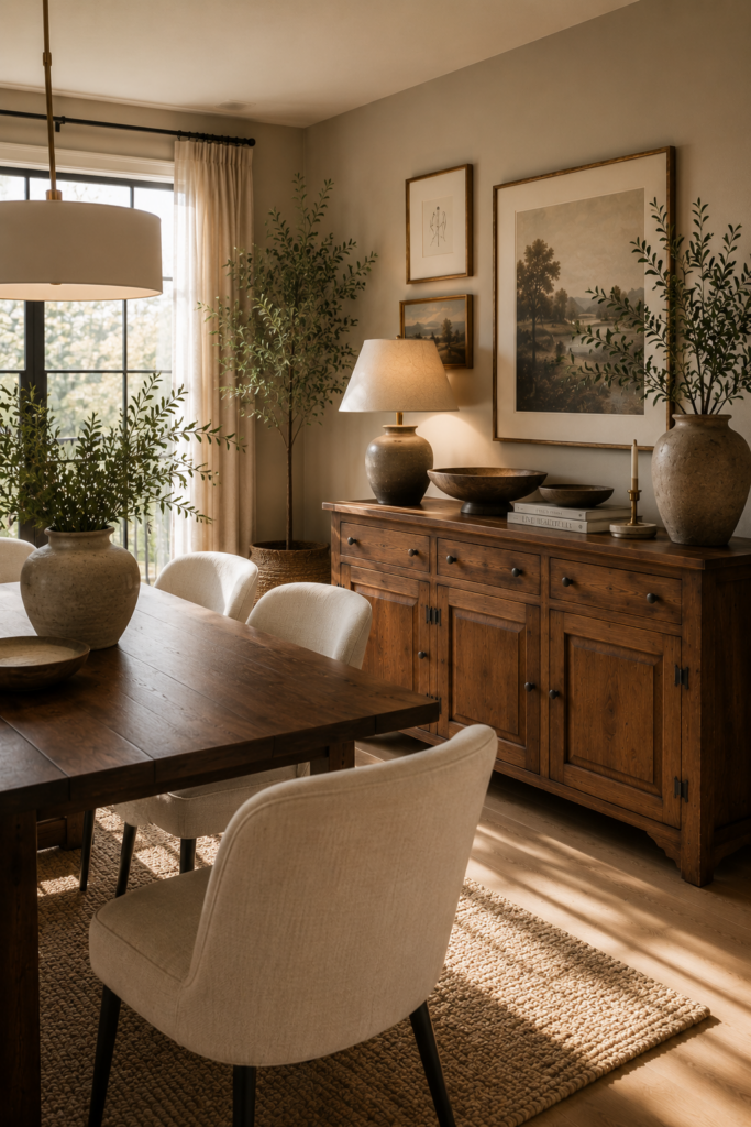 Warm organic modern dining room featuring a vintage wooden buffet cabinet, upholstered dining chairs, layered neutral decor, and timeless styling.