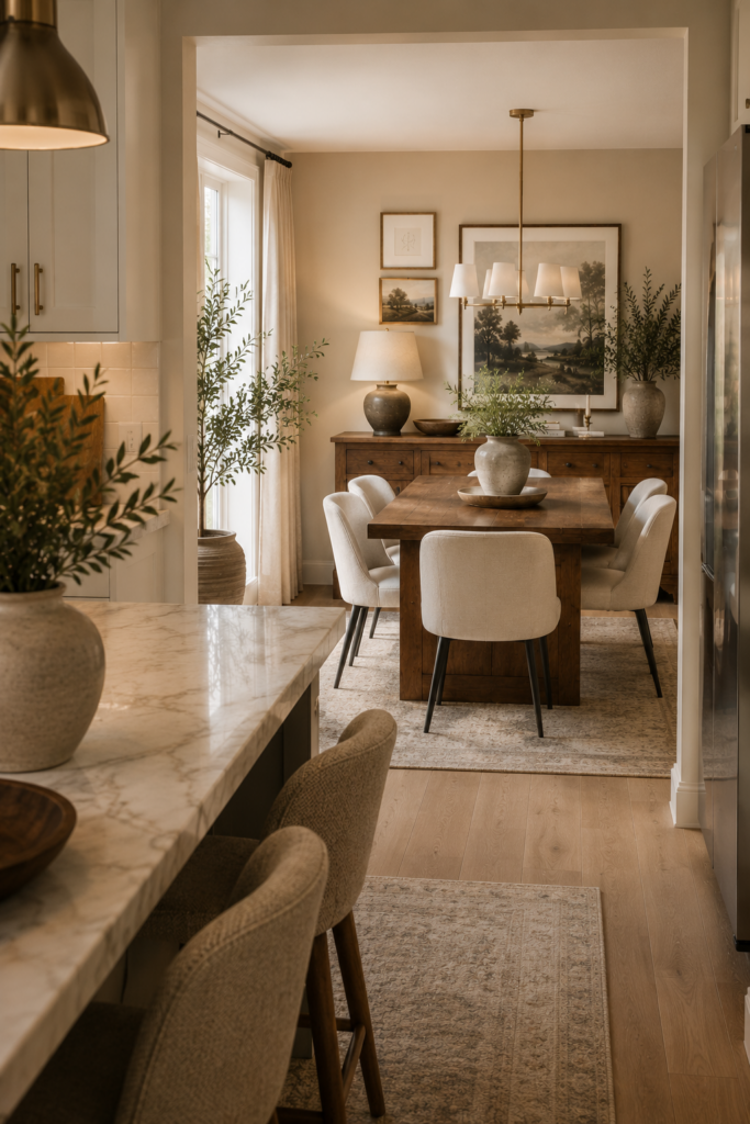 Organic modern kitchen overlooking a dining room with a vintage wood buffet, upholstered dining chairs, neutral artwork, and warm natural light.