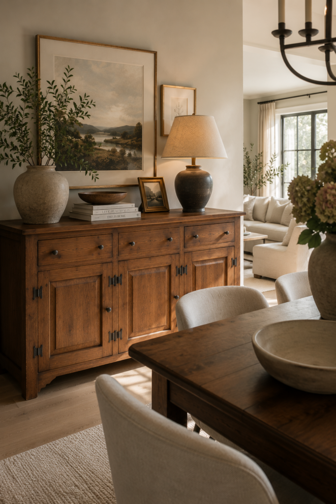 Vintage wooden buffet cabinet styled with neutral decor in an open concept dining room overlooking a cozy organic modern living space.