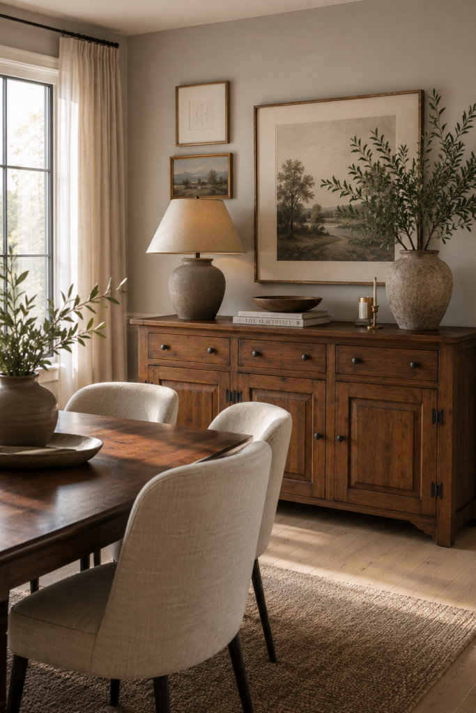 Vintage wood buffet cabinet styled in a warm neutral dining room with upholstered chairs, framed artwork, pottery, and organic modern home decor.