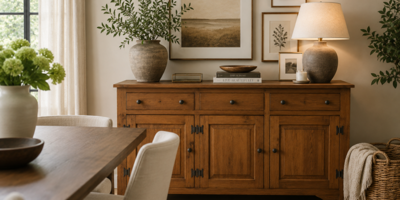 Vintage wooden family buffet cabinet styled in a cozy neutral dining room with a gallery wall, table lamp, pottery, and natural home decor.