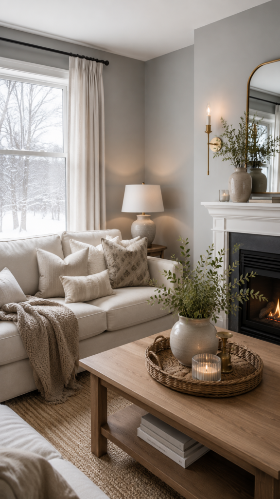 Modern living room with grey walls, neutral furnishings, brass wall sconce, white fireplace, and a snowy winter landscape outside highlighting how seasonal light affects wall colour.