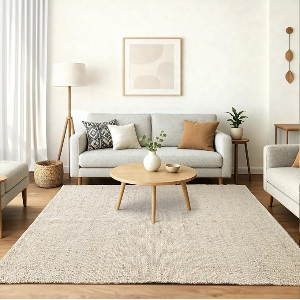 sisal area rug styled in a neutral well lite living room space
