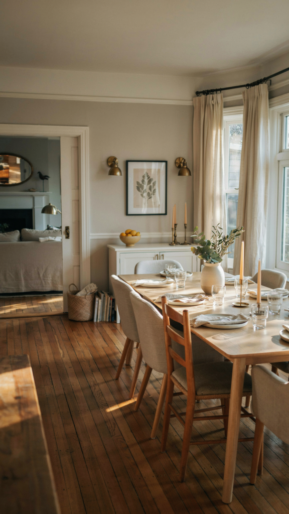 beautifully refinished light oak dining table set for a casual family gathering