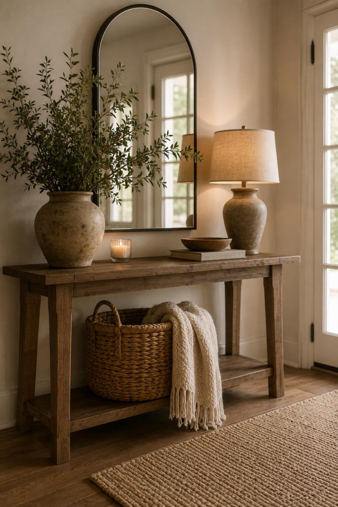 Rustic wood entryway table styled with an arched mirror, ceramic lamp, large vase of greenery, woven basket, and cozy textured throw.