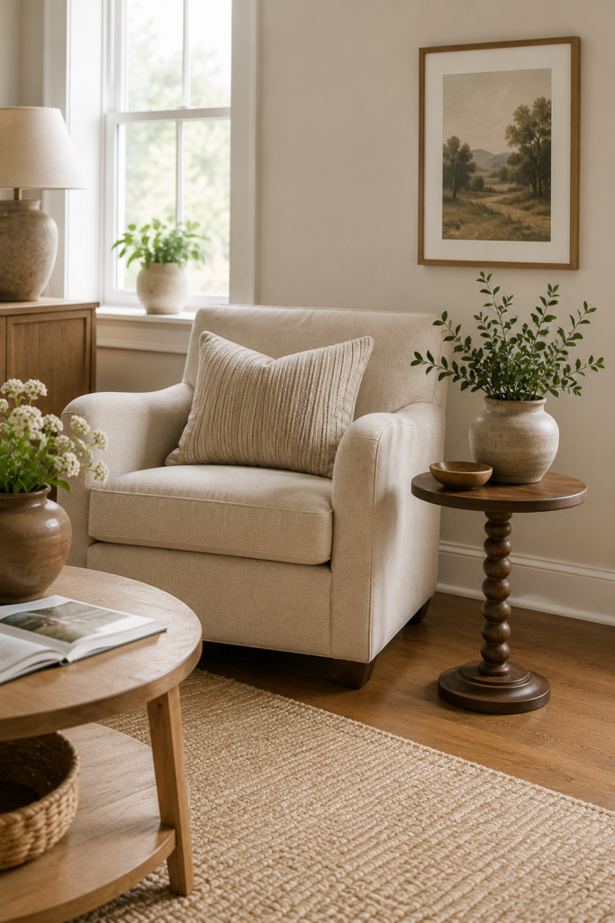 Cozy neutral living room with a cream armchair, sculptural wood pedestal table, textured rug, warm wood accents, and natural greenery.