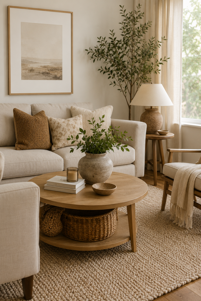 Neutral living room with warm wood furniture, a textured area rug, layered pillows, greenery, and natural home decor accents.